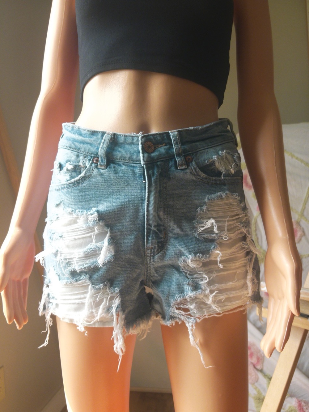 American Eagle High-Rise Distressed Denim Shorts in Light Blue